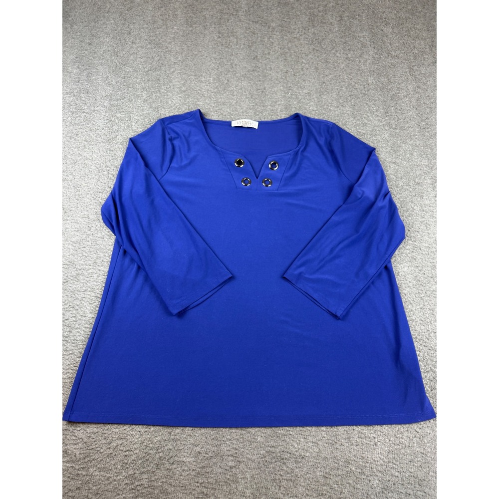 Kasper Knit Top Women's XXL Blue Grommet Split Neck 3/4 Sleeve Jersey Blouse